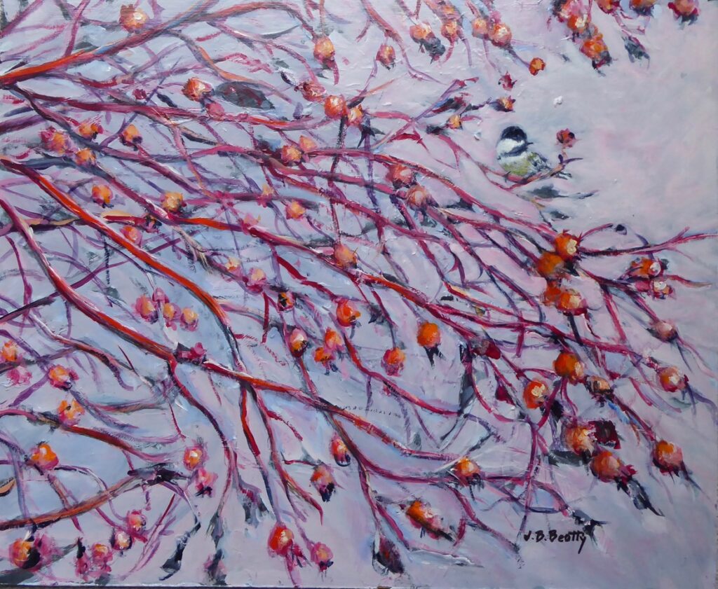 Acrylic painting of Hiding in the Rosehips