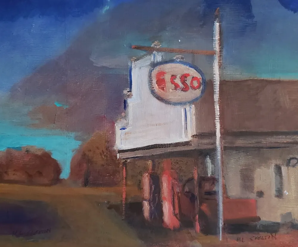Oil painting of a studio /photo, old gas station