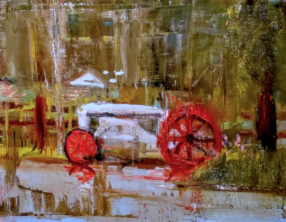 Oil painting of a Tractor in the Rain, London Farm plein air