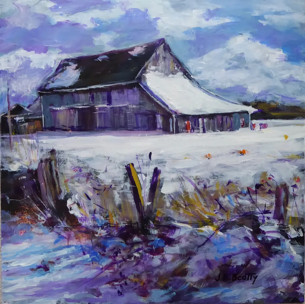 Acrylic painting of a Snow Covered Barn