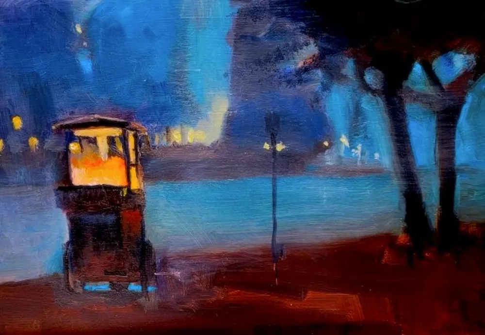 Oil painting of a Popcorn wagon, English Bay