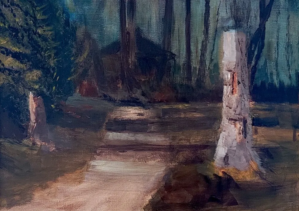 Acrylic painting of Schoolhouse path, Deas Park, Ladner