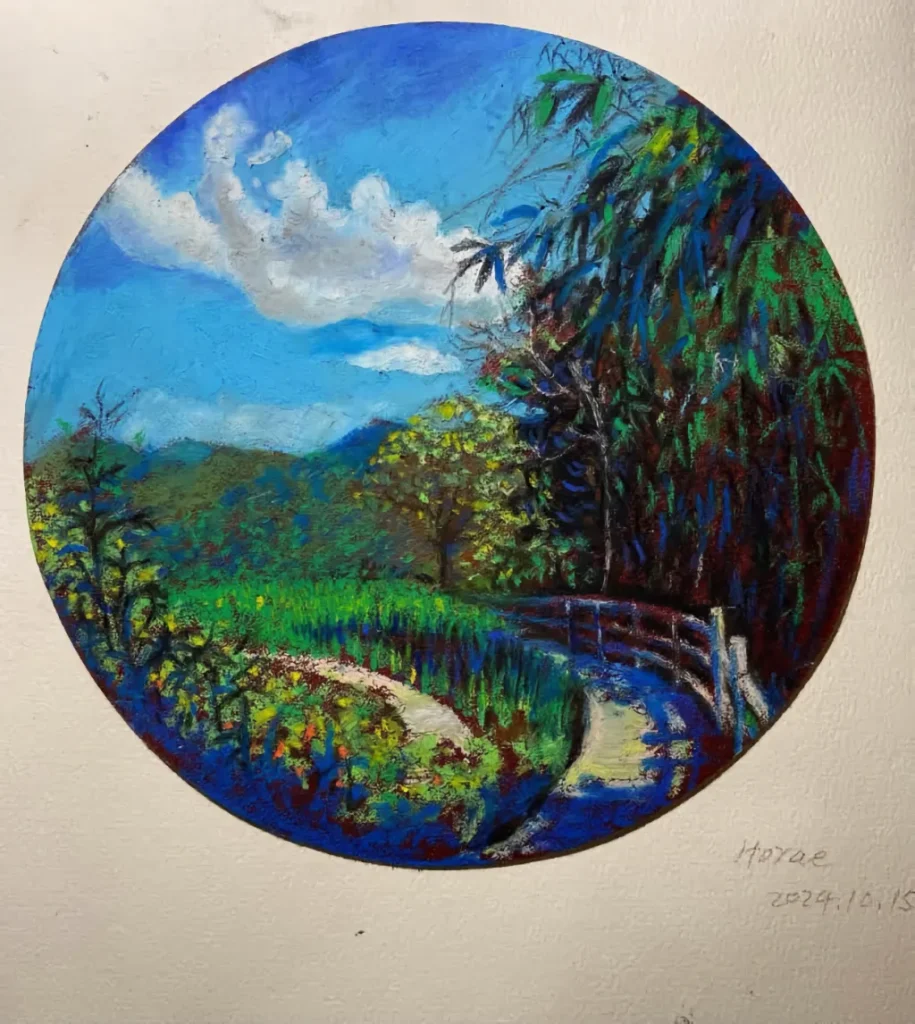 Pastel painting of a tondo composition capturing dappled sunlight through dense foliage, exploring the rhythmic play of light on a forest path.