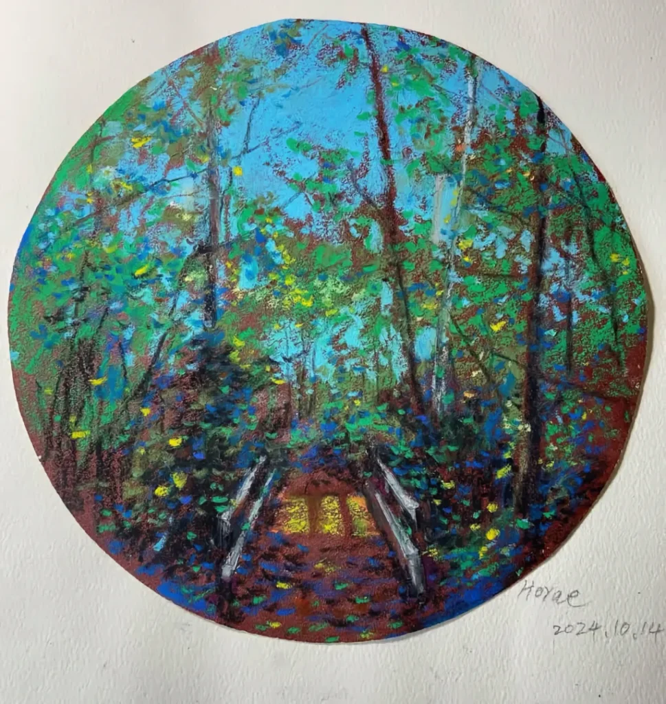 Pastel painting of a sensory stroll into the deep woods, where rich textures and vibrant hues breathe life into the wilderness