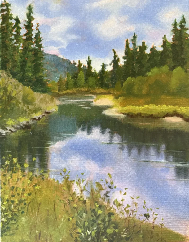 Oil painting of a River surrounded by trees